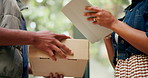 Delivery, signature and hands of people with tablet, digital invoice and online receipt for parcel. Home, ecommerce and person on tech with customer package for courier service, shipping and order