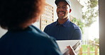 Woman, delivery man and pizza box with smile for fast food, takeout and ecommerce by home front door. People, employee and customer with wave for takeaway, supply chain and service with gratitude