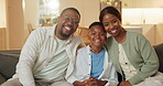 Support, smile or black family on sofa with face, security or bonding together in loving connection. Safety, parents or child in house with portrait, trust or happy moment in healthy relationship.