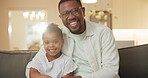 Support, father or girl on couch with face, childcare or bonding together in loving connection. Flare, portrait or black family in house with hug, security or happy moment in healthy relationship.