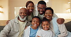 Support, generations or black family in house with face, security or bonding in loving connection. Grandparents, parents or children on sofa with hug, trust or happy moment in healthy relationship.