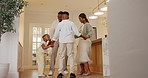 Love, parents and children with dance in home for bonding, relationship development and rhythm. Holding hands, happy black people and kids with movement in house for family fun, weekend and support