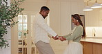 Love, couple and smile with dance in home for bonding together, marriage connection or rhythm. Holding hands, happy black people and movement in house for weekend fun, healthy relationship or support