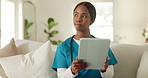 Woman, nurse and tablet in home with thinking, patient report or telehealth app with reflection. Black person, healthcare record or caregiver schedule ideas, online agenda or medicine log with vision