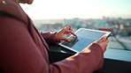 Person, hands or balcony with tablet screen in city for analytics, performance review or statistics. Analyst, graph or chart with technology display or lens flare for business data in an urban town