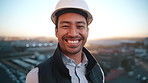Happy, man and engineer outdoor with face, inspection and architecture for urban infrastructure. Portrait, male person or contractor on rooftop, positive attitude and quality control for construction