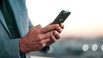Businessman, hands and typing with phone in city for communication, social media or conversation. Man, employee or user texting with smartphone on balcony for mobile network or chatting in urban town