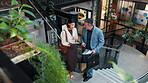 Office, manager and woman with tablet on stairs, above or financial forecasting with market research. Economist, advice and collaboration for business strategy, online and people with tech on steps