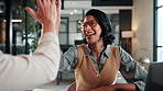 High five, happy and business people in office for good news on finance report with teamwork. Discussion, collaboration and financial advisors with celebration for positive feedback on investment.