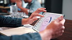 Business, hands and analytics with tablet screen in office for performance review or statistics. Person, analyst or scrolling with technology display, graph or chart for profit, growth in workplace
