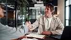 Business, merger or people in office with handshake, greeting or negotiation in b2b deal. Networking, intro or employees in workplace with shaking hands, agreement or opportunity in partnership.