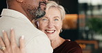 Happy, hug and face of couple in home with bonding, connection and love in marriage together. Portrait, care and mature man with woman with support, trust and romance in living room at apartment.