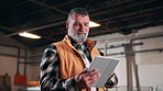 Tablet, man and woodworker in warehouse for research on timber inventory for industrial project. Digital technology, email and mature carpenter with feedback on furniture production at workshop.