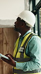 Black man, engineer and thinking at site with tablet, research and inspection for construction. Mature person, contractor  and review with digital, checklist and information for property development