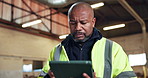 Planning, black man and carpenter with tablet in workshop for research on furniture manufacturing. Digital technology, thinking and mature woodworker with ideas for timber project in warehouse.