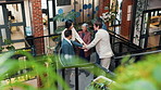 Creative office, team and people with hand stack, applause and success for remodeling contract. Collaboration, huddle and workers with solidarity, achievement and celebrate at interior design firm