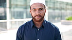 Face, business or Muslim man with confidence in city, professional or smile for investing opportunity. Portrait, investor and Islamic person with pride for career growth, asset management and urban