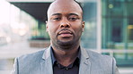 Face, serious and businessman with confidence in city, financial expertise and investing opportunity. Portrait, investor and black person with ambition for wealth growth, asset management and pride