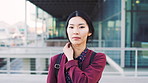 Face, business and Asian woman in city for travel, career pride or about us for journalism. Portrait, female person or backpack in town with ambition, news reporter and morning commute for internship