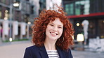 Face, woman and business in city with confidence, travel and about us for accounting. Smile, female person or financial advisor in town for consultant, portrait or commute with asset management