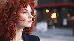 Thinking, realtor and woman in street, urban planner for renovation project and about us. Real estate, employee and person in city, ideas for future development and career ambition for property