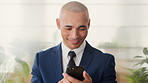 Phone, smile and business man in office for financial notification, email update or feedback. Mobile, scroll and mature person in company for corporate info, investment app or consultant reading text