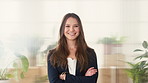 Realtor, face and woman in agency with arms crossed, smile or ambition for property management. Happy, portrait or real estate agent in office with pride, about us or confidence for housing industry