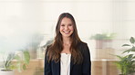 Consultant, face and woman in agency with smile, career or ambition for property management. Happy, portrait or real estate agent in office with pride, about us or confidence for housing industry