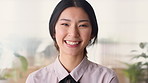 Happy, face and asian woman in office with realtor, career or ambition for property management. Smile, portrait or real estate agent in agency with pride, about us or confidence for housing industry