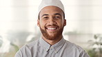 Face, business or Muslim man in office with smile, career development or experience for finance job. Happy, Islamic person or financial advisor in agency with pride, expertise or about us for company