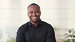 Sustainability, face or black man in office with smile, pride or opportunity as csr consultant. Happy, space or esg compliance advisor with portrait, about us or confidence in environmental services.