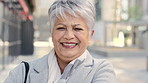 Face, business and woman in city, funny and morning commute with smile, real estate and pride. Professional, employee and mature person in street, happiness and travel with realtor or laughing