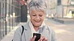 Woman, phone and texting on business trip in city, smile or contact for real estate development. Mature person, happy and realtor with communication, mobile app or web chat for property management