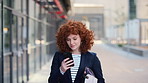 Woman, business and city with phone for social media, communication or outdoor network. Female person, employee or red head with mobile smartphone for online chatting or texting app in an urban town