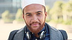 Face, business and Muslim man in city with bag, career development or commute for accounting job. Happy, Islamic person or accountant in urban town with backpack, headphones or travel to finance firm