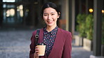 Face, business and Asian woman in city with smile, career pride and about us for journalism. Portrait, female person and coffee in town with ambition, news reporter and confident for media internship