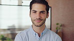Happy, business and face of man in office for finance career, consultant and confidence at agency. Professional, workplace and portrait of person with pride for financial advisor, job and ambition