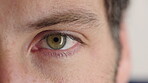 Eye, opening and sight with man closeup for optometry appointment or vision correction. Exam, eyecare and test with patient at ophthalmology checkup for visual development, enhancement or improvement