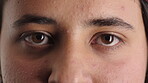 Optometry, face and eyes with assessment, optical test or glaucoma screening in vision care. Portrait, retina and person with closeup, eyesight examination or visual tracking for ocular wellness.