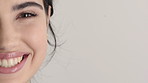 Teeth whitening, face and woman in studio with dental, smile and oral care or healthy mouth. Beauty, hygiene and orthodontics with closeup, mockup space and portrait for veneers on gray background