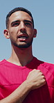 Sports, singing or soccer team outdoor with anthem, national pride or kickoff in weekend match. Fitness, low angle or people with collaboration, patriot chant or getting ready for football game.