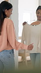 Getting ready, outfit and woman in mirror with choice, fashion or style option with top review. Smile, reflection or person in house with clothing, apparel selection or decision in morning routine.