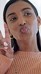 Peace sign, woman and selfie in apartment, smile and content creator with social media post. Happy person, photo and profile picture with v gesture, emoji and influencer in home with status update