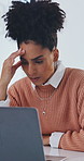 Headache, professional and businesswoman with laptop in office with stress for investment loss. Burnout, computer and female financial manager with migraine for stock market crash in workplace.