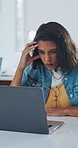 Frustration, laptop and businesswoman in office with stress for creative project with negative feedback. Upset, computer and magazine editor with headache for bad review on publishing at agency.
