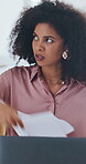 Frustrated, throw and businesswoman with paperwork in office, rejection letter and funding denial. Annoyed, laptop and employee with problem for project management, support withdrawal or grant crisis