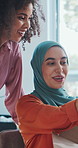 Unboxing, friends or business people with package in office, ecommerce delivery or parcel discussion. Bonding, happy coworkers or Muslim woman with hijab in workplace, show product or order arrival