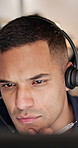 Night, telemarketing and man in office with computer, thinking or online research for lead generation. Late, coworking or person in call center with pc, problem solving or plan for financial service.