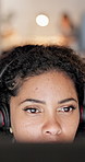 Night, telemarketing and woman in office with computer, reading and research for lead generation. Late, coworking or person in call center with desktop, review financial service terms and conditions.