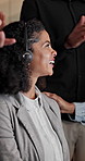 Telemarketing, woman and team in office with applause, success and congratulations for lead generation. Night, people clap and celebration in call center with achievement, well done and sales goals.
